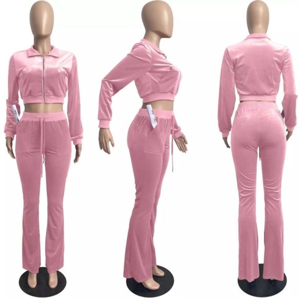 Pants - Pink Women’s Two-piece Long Sleeve Flare Bottom Sport / Sweat Suit NWT